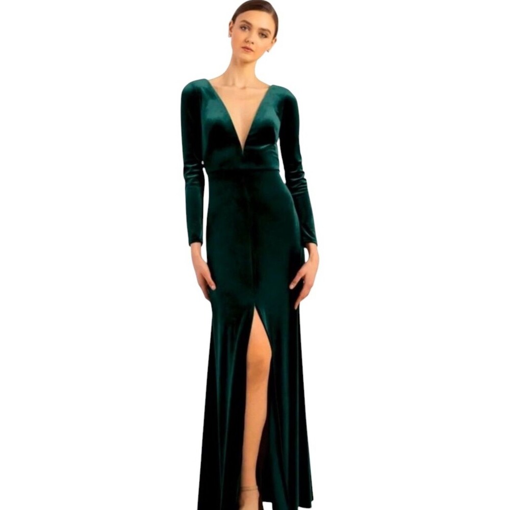 Jenny Yoo Collection Malia Emerald Green Velvet Maxi Dress  4 Deep V Long Sleeve